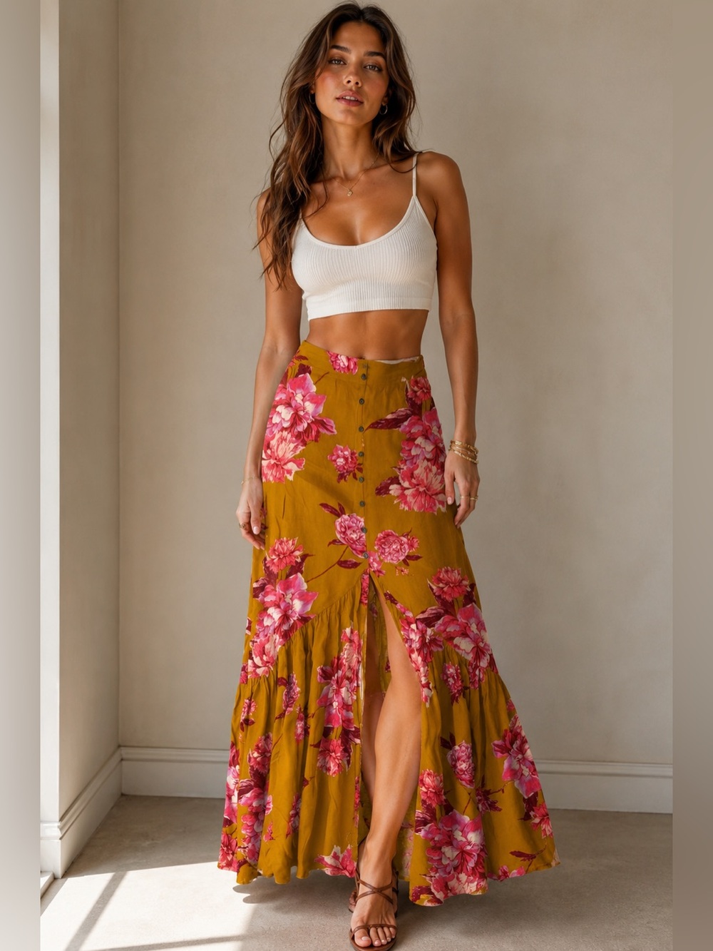 Living‎ Doll Floral Button Front Maxi Skirt Boho Cottagecore Size 1